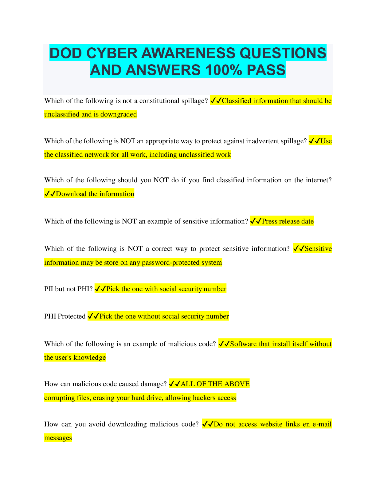 DOD CYBER AWARENESS QUESTIONS AND ANSWERS 100 PASS Browsegrades